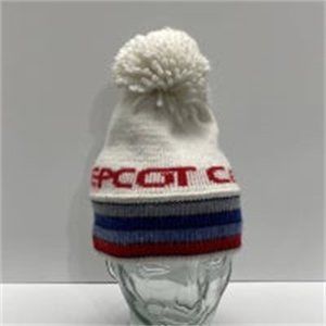 Vintage Winter Hat White Puff Ball Red Blue Stripes